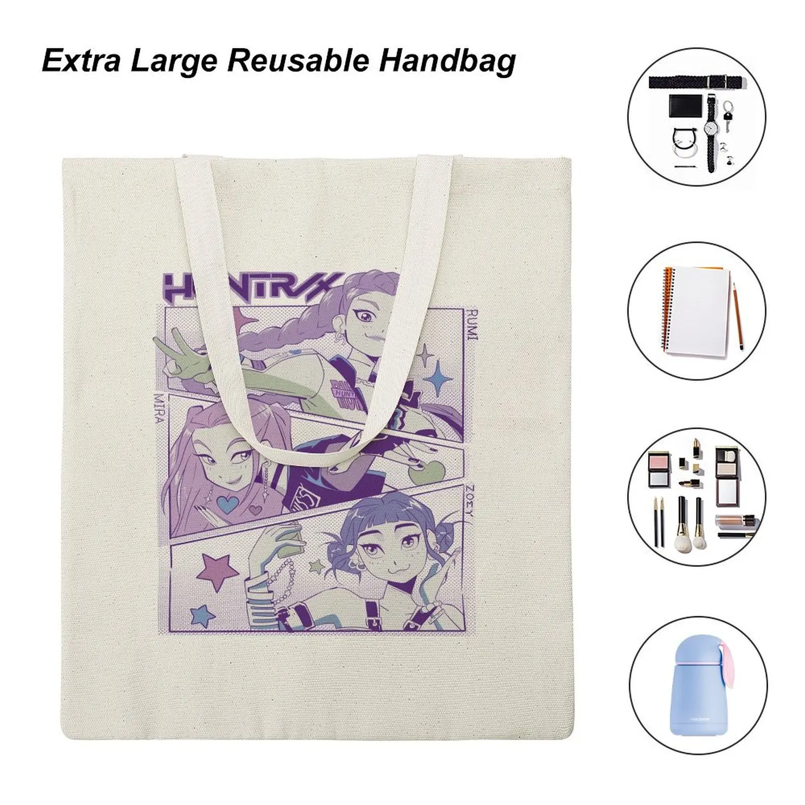 Huntrix Girls Group Canvas-Einkaufstasche für Damen und Herren, coole KPOP Demon Hunter Anime-Schulterhandtasche mit großer Kapazität, perfekt für Party