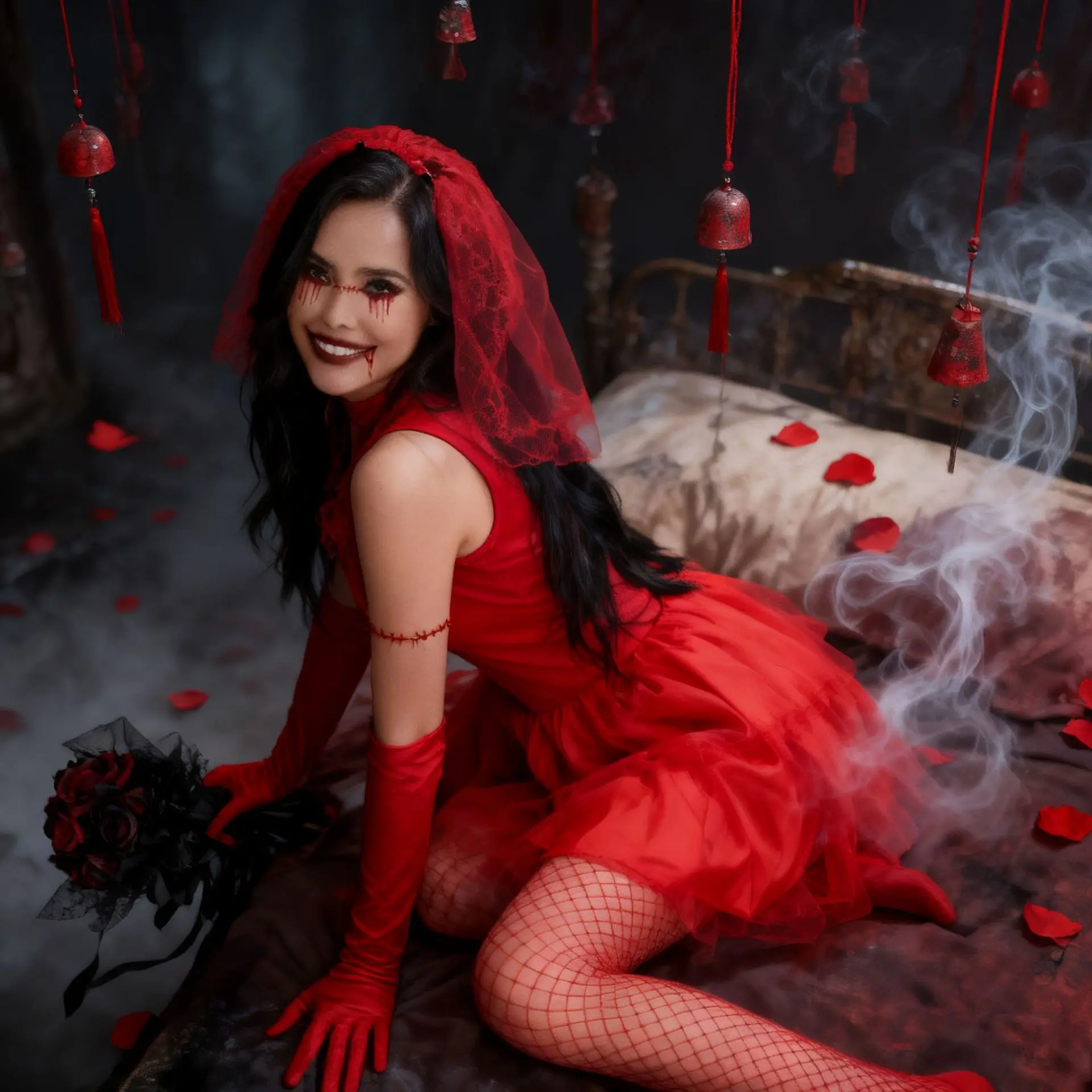 Vestido de novia de fantasma rojo de terror gótico, vestido de novia de fantasma rojo, boda de terror gótico, disfraz de personaje fantasma del inframundo de Halloween