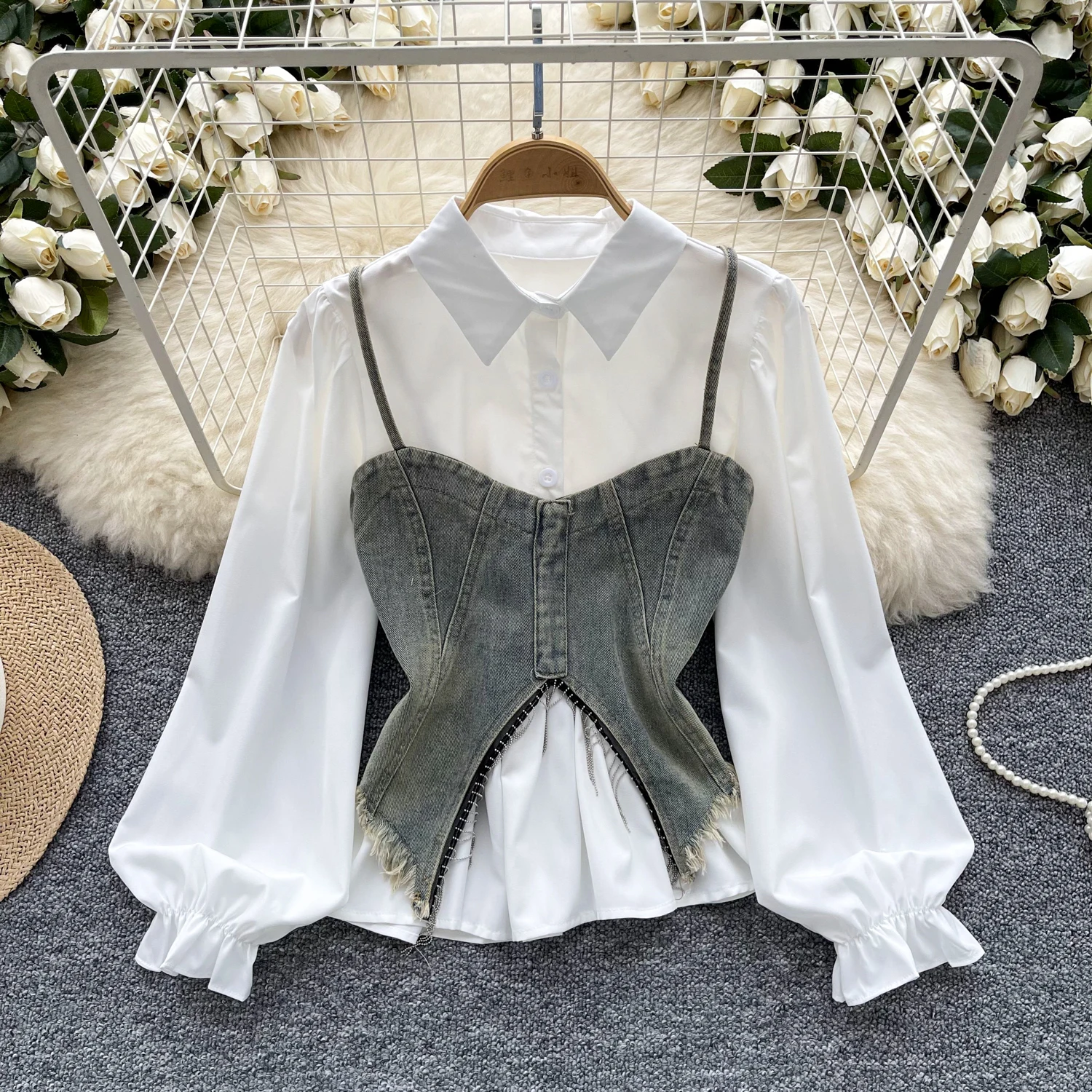 Fashion Denim Shirt Sets for Women Solid Lapel Collar Long Sleeve White T-shirt+Spaghetti Strap Tassel Denim Vest 2Pcs Suits