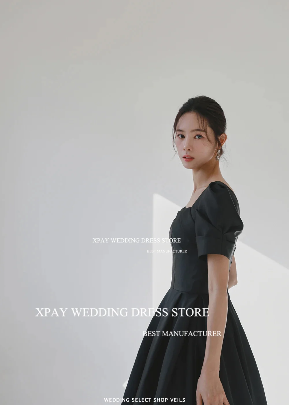 XPAY Elegant Black Satin Square Neck Korea Evening Dresses  Customised Draped Short Sleeve Prom Gowns Floor Custom Party Dress