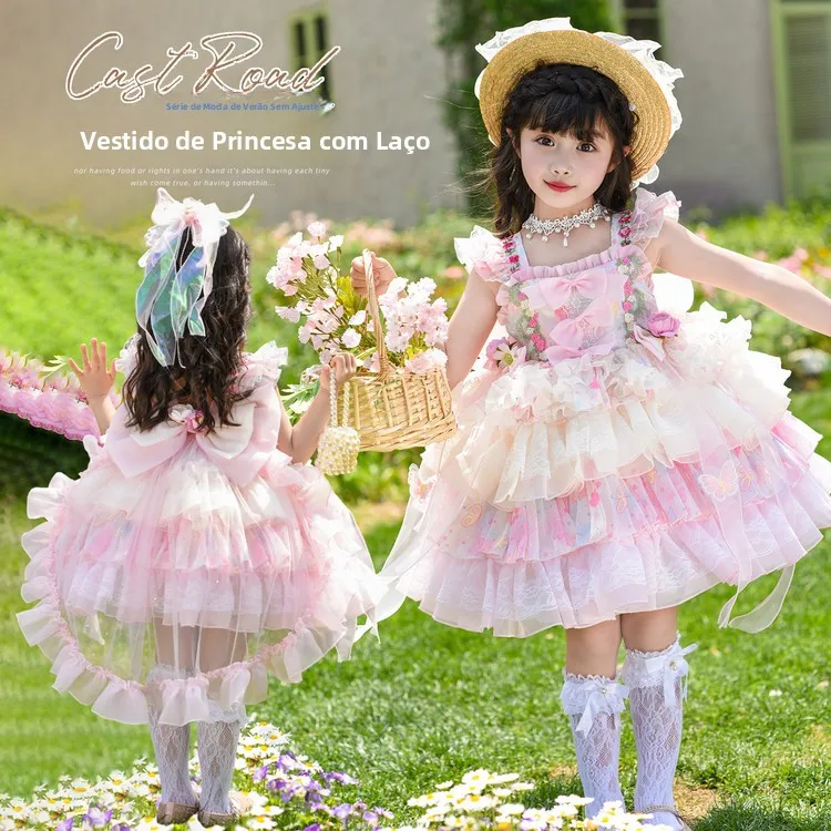 Vestido de Princesa Lolita para Meninas, Nova Moda de Verão, Vestido de Jardim Monet para Crianças, Vestido de Alças para Men...