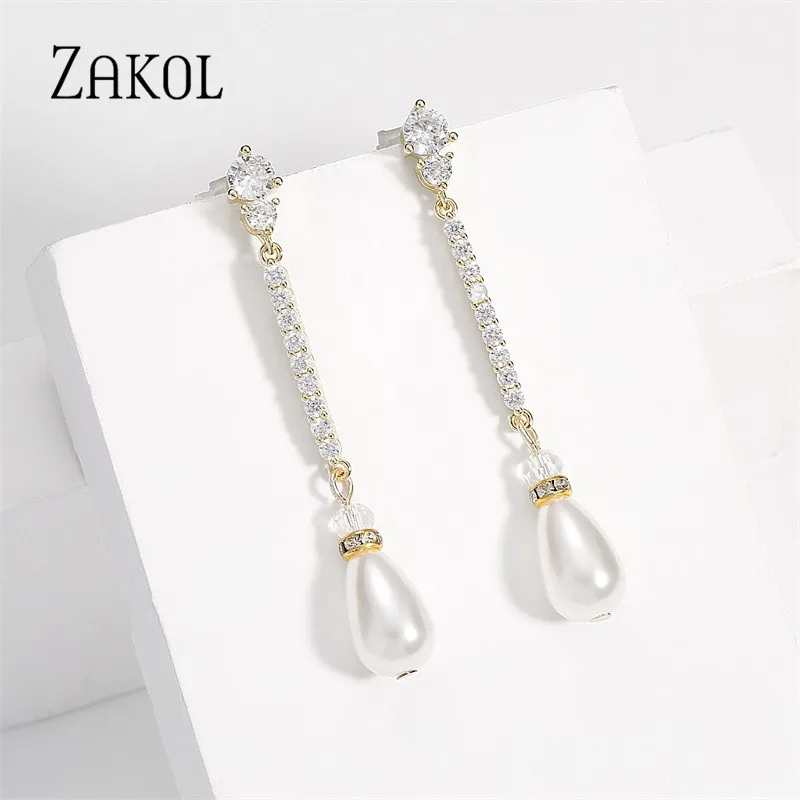 ZAKOL Elegant White Imitation Pearls Drop Earrings for Women Delicate Shiny CZ Zircon Long Earring Bridal Wedding Jewelry