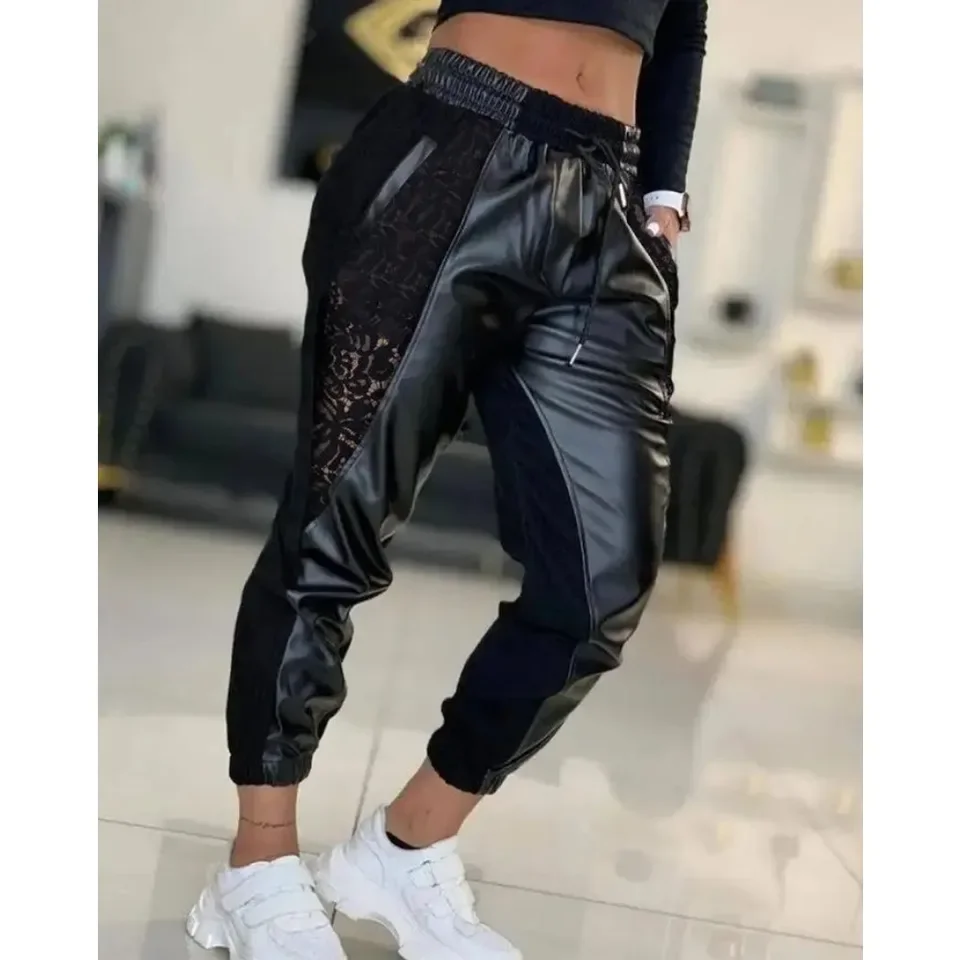 Women's PU Trousers Casual Summer Fashion Solid Color Contrast PU Lace Insert Pocket Drawstring High Waist Cuffed Pants