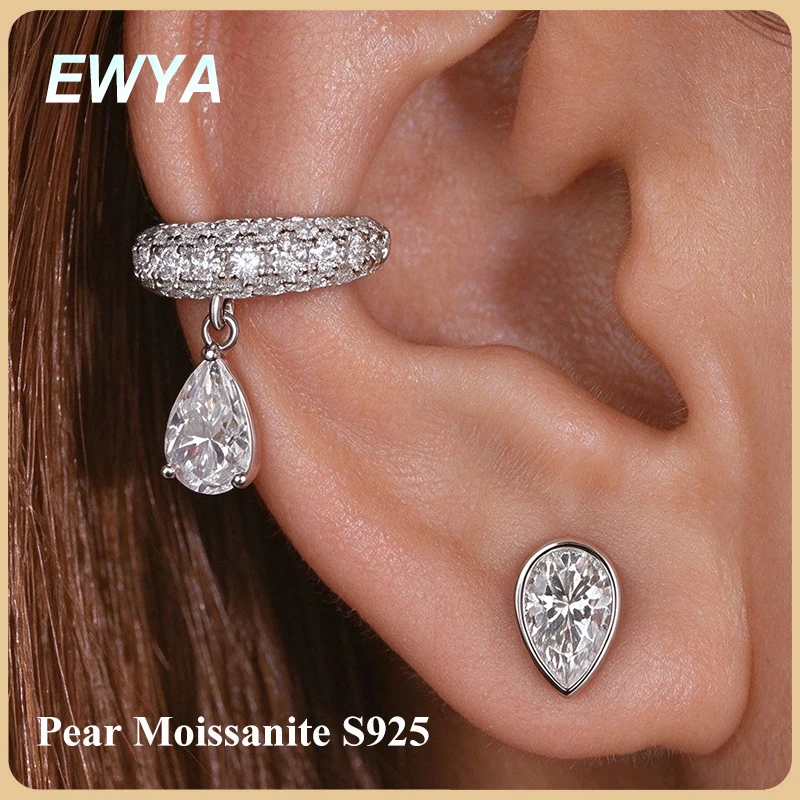 EWYA Luxury Pear Cut All Moissanite Ear Cuff for Women S925 Silver No Piercing Teardrop Lab Diamond Clip Earrings Certificate