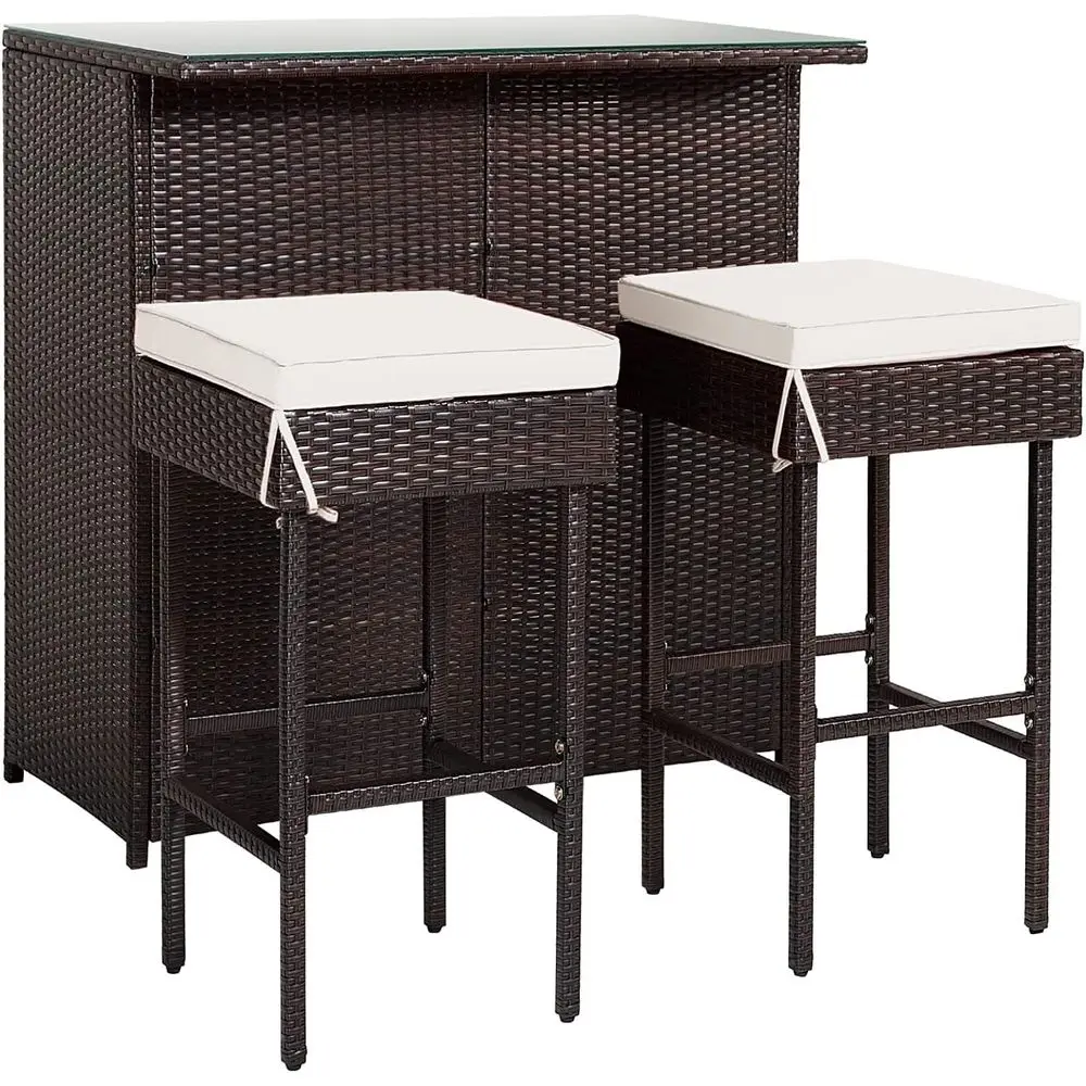 

Комплект для бара на открытом воздухе из 3 предметов: барные стулья из ротанга, подушки и стол со стеклянной столешницей