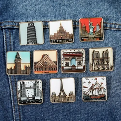 Vintage Landmark Collection Drop Glue Brooches ST.Peterburg Triumphal Arch Leaning Tower of Pisa Statue of Liberty Square Pins