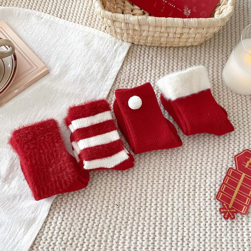 

5Paits Cotton New Year Red Socks Thicken Warm Stripe Baby Plush Red Socks Infant Hosiery Floor Socks Toddle Tube Socks Winter