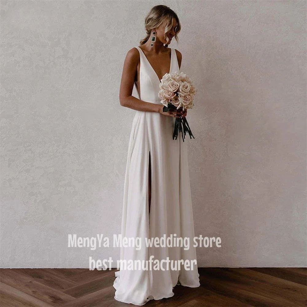 ZHUISHU 2025 Vintage Wedding Dresses Sexy V neck High Slit Pleat Spaghetti Strap Brides Dress Simple Floor-Length Wedding Gown