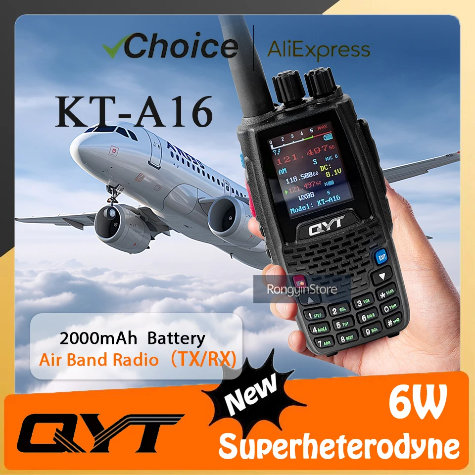 New QYT KT-A16 Air Band Radio 6W High Power 200 Channels Tx118.000-136.999MHz Rx108.000-136.999MHz Handheld Transmit Ham Radio