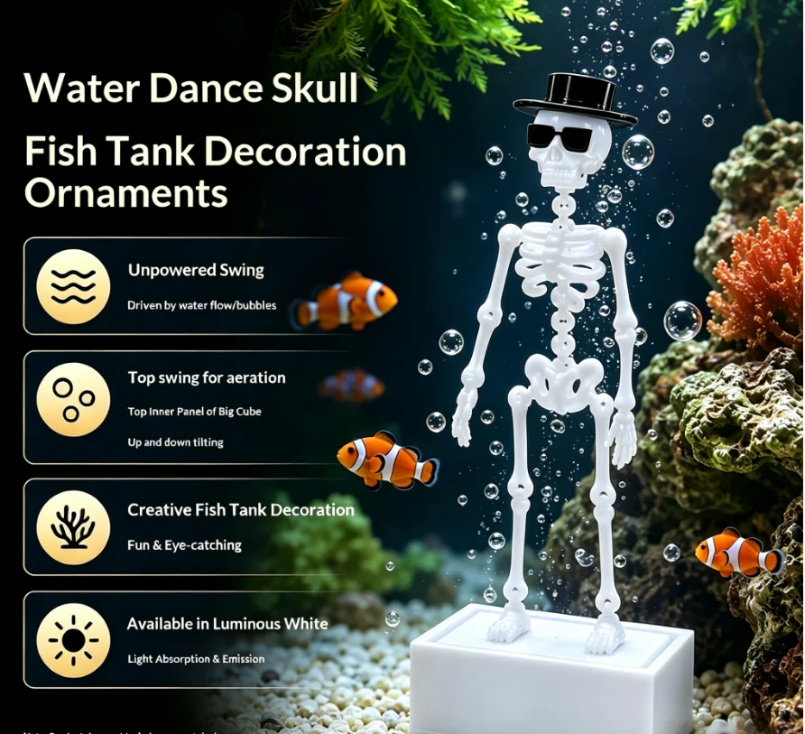 Halloween-Schaukelschädel-Aquariumdekoration, 3D-gedrucktes, nicht-bewegliches Aquarium-Ornament, tanzende Skelettfigur für gruselige Dekorationen – Detail 3