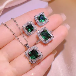 High Quality Emerald Square Set 925 Stamps Luxury Full Diamond Pendant Opening Ring Fashion Jewelry Party Wedding Gift