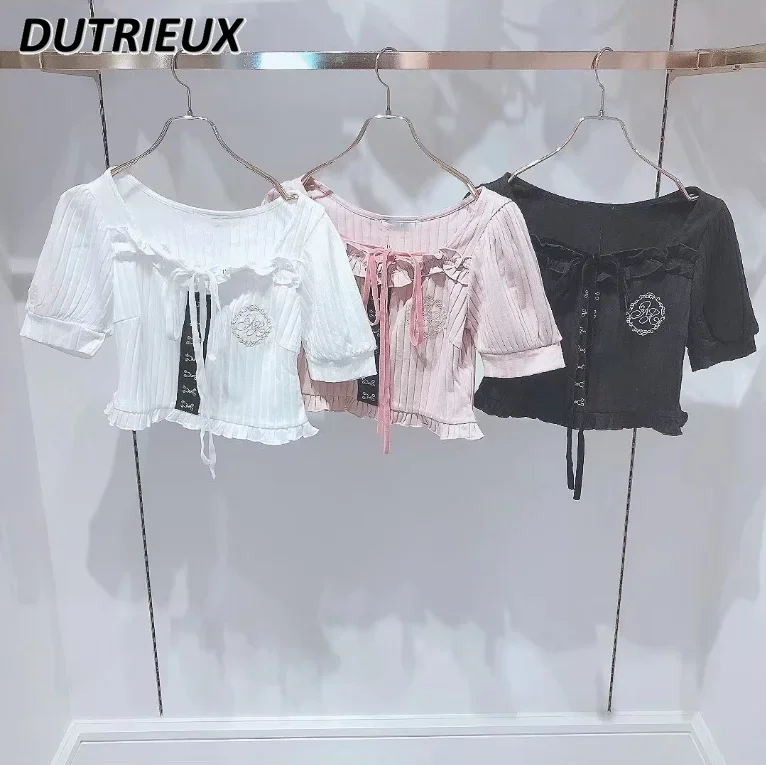 

Japanese Mine Style Sweet Cool Cross Strap Letter Embroidery T-shirt Puff Short Sleeve Short Midriff Outfit Versatile Top