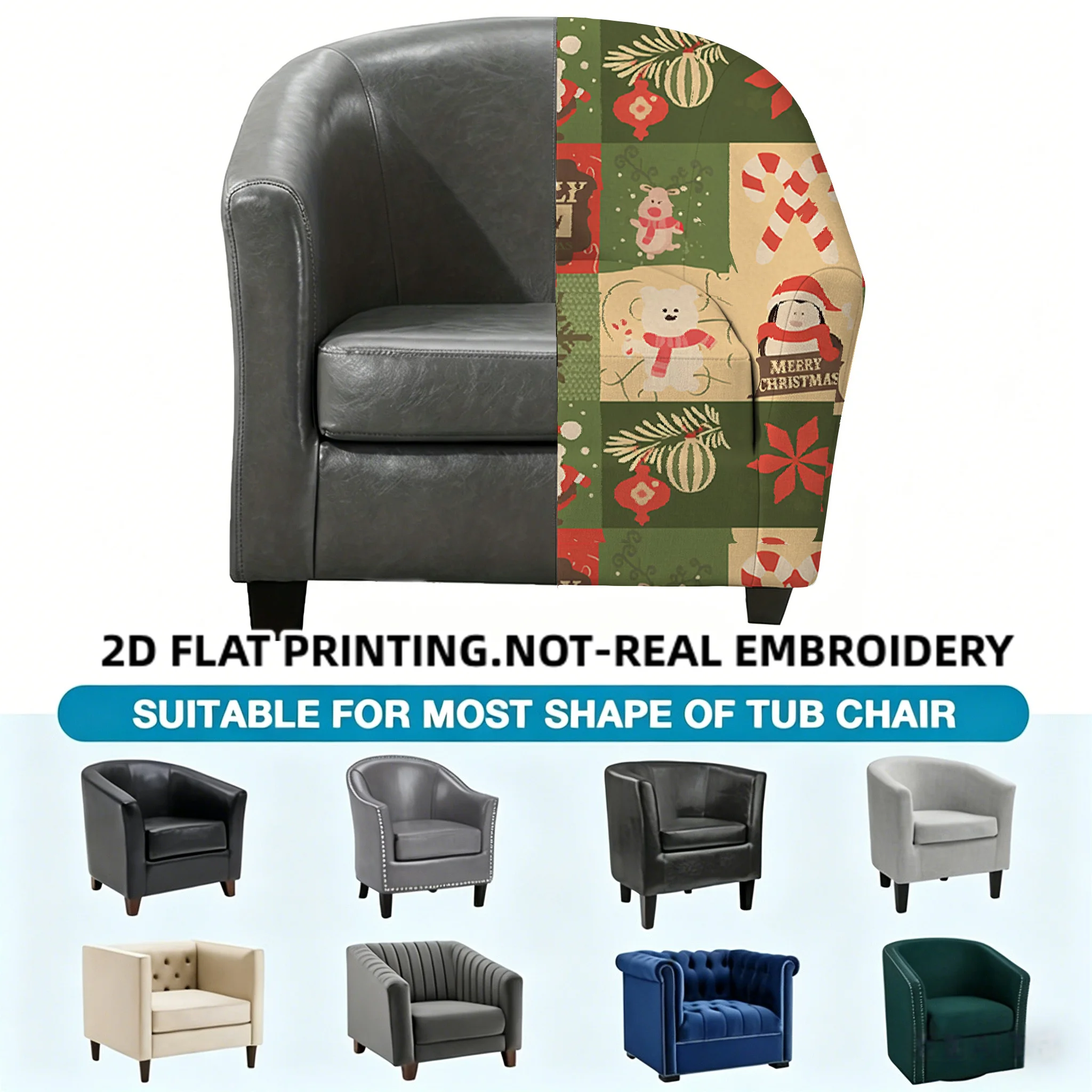 Christmas seamless patchwork pattern Santa Claus bears printed armrest sofa cover, 2D printed elastic single club sofa cover