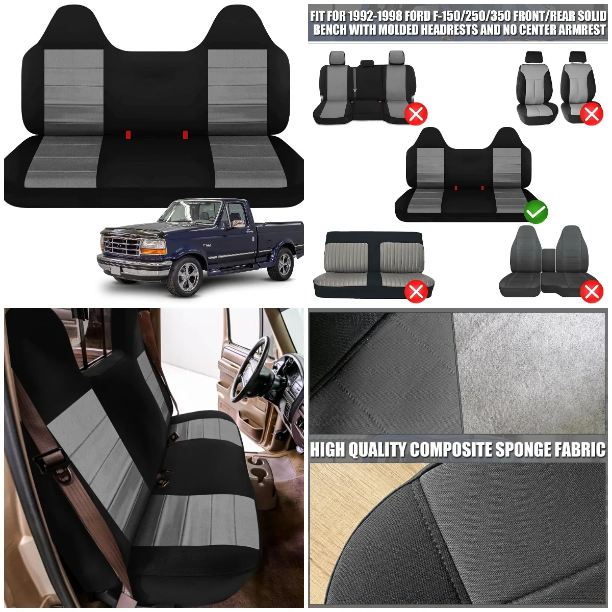 

Custom Fit Seat Covers for 1992-1998 Ford F-150 F-250 F-350 Front Rear Bench with Headrests, Knitted Fabric, Breathable, No Armr