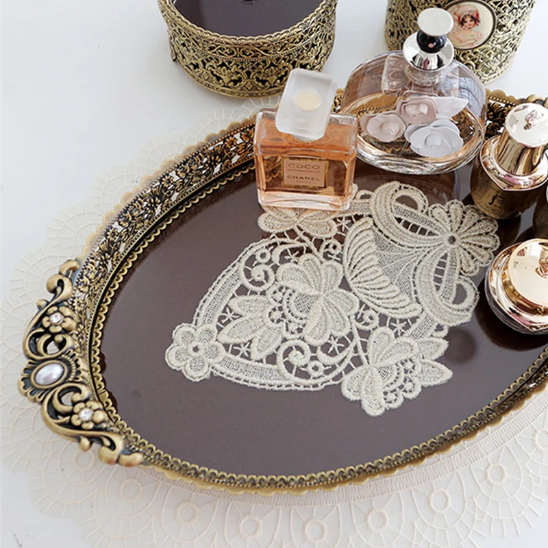 Korean Desktop Storage Tray Exquisite Lace Inlaid Handmade Storage Organizer Tray Retro Luxury Home Decoration Craft Ornaments