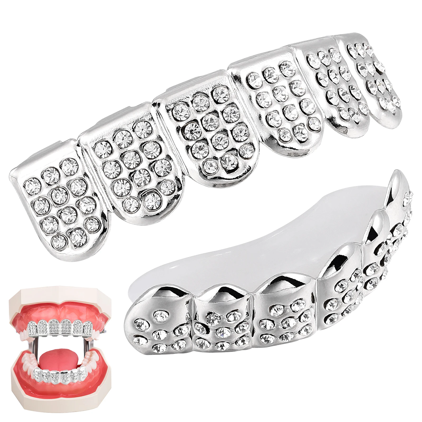 1 Set of Rhinestone Tooth Socket Copper Teeth Brace Shiny Teeth Decoration Teeth Accessories Silver Lower and Upper Tooth New