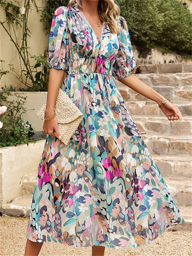 

Boho Long Dresses Women Vintage Floral Print Dress Female Summer Short Sleeve Dress Ladies Elegant Casual Beach Holiday Vestidos