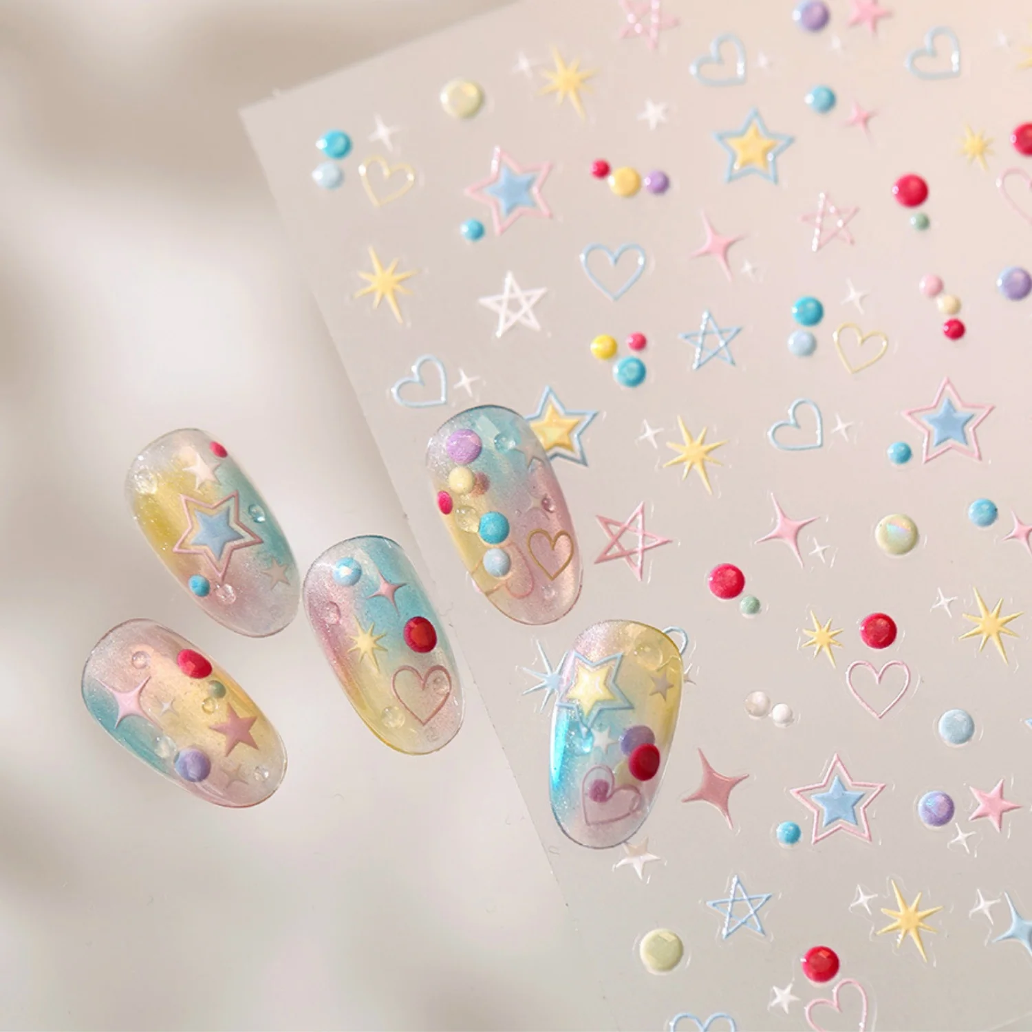 Pastel Candy Tone 5D Nail Stickers Macaron Star Heart Pentagram Round Dot Childish Decal Self Adhesive Fresh Summer Manicure