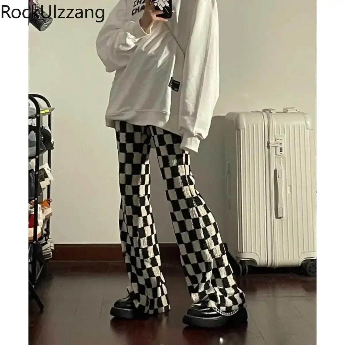 Summer Checker Plaid Elastic Waist Slim Flare Pant Slight Bootcut Bell Bottom Korean Clothes Women e-girl fairycore 2000s japan