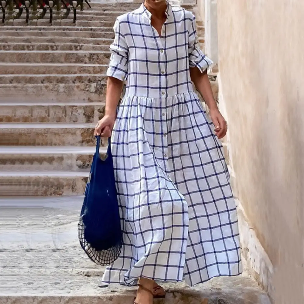 Vestido largo de manga larga con estampado a cuadros para mujer, maxivestido plisado de una sola botonadura, dobladillo suelto, Patchwork, línea A a juego, primavera y otoño