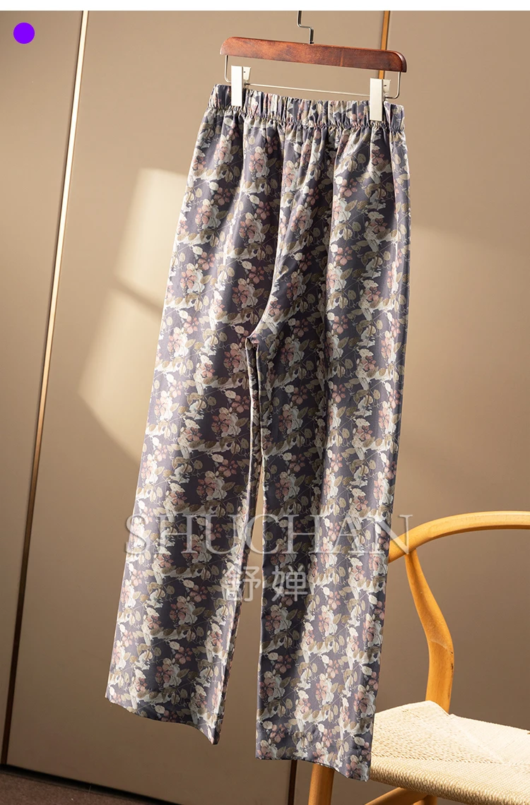 에스닉 스타일 프린팅 실크 전기 방적 탄성 허리 스트레이트 팬츠 여성 바지 여름 2025