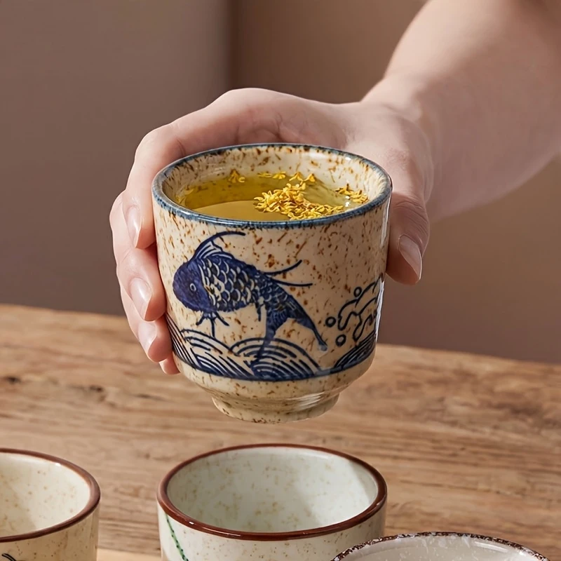 Tasses à thé en céramique de style japonais, 4 pièces, tasses à thé en céramique de style vintage, adaptées à un usage domestique, tasses à thé d'hôtel, tasses à boisson portables