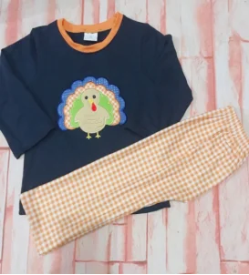 Hot Selling Thanksgiving Turkey Pajama Set - Cartoon Embroidery Kids PJs Top+Pants, Boys Girls 100% Cotton Sleepwear 0-24M