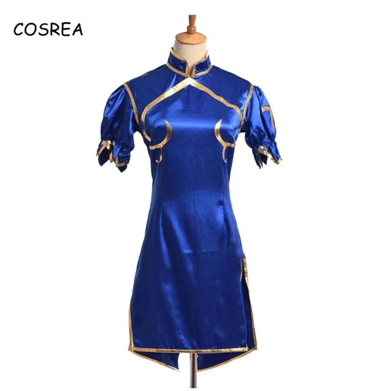 2025 NewGames Chun Li Cosplay Costumes Halloween Party Sutorito Faita Blue Cheongsam Dress Belt Headgear With Women Girls Clo AA