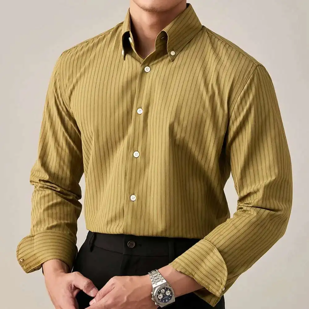 

Summer Men Gentleman's Business Social Luxury Formal Shirt Contrasting Stripes Button Up Shirt For Men Dress Long Sleeve Shirt