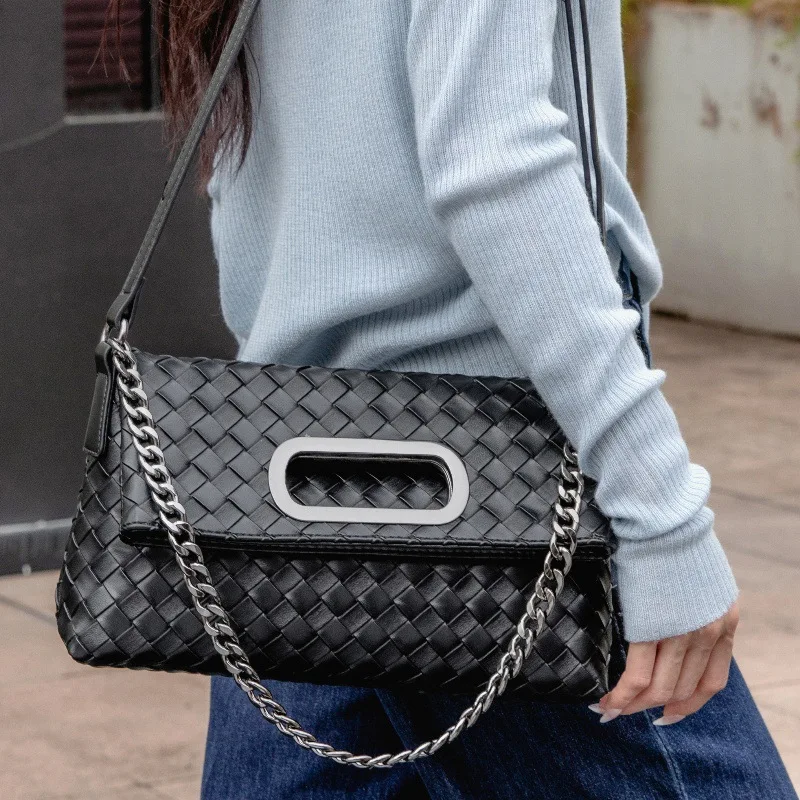 

New Genuine Leather Woven Bag Foldable Light Luxury Quilted Chain Bag Women's Single Shoulder Versatile Crossbody Baguette Under