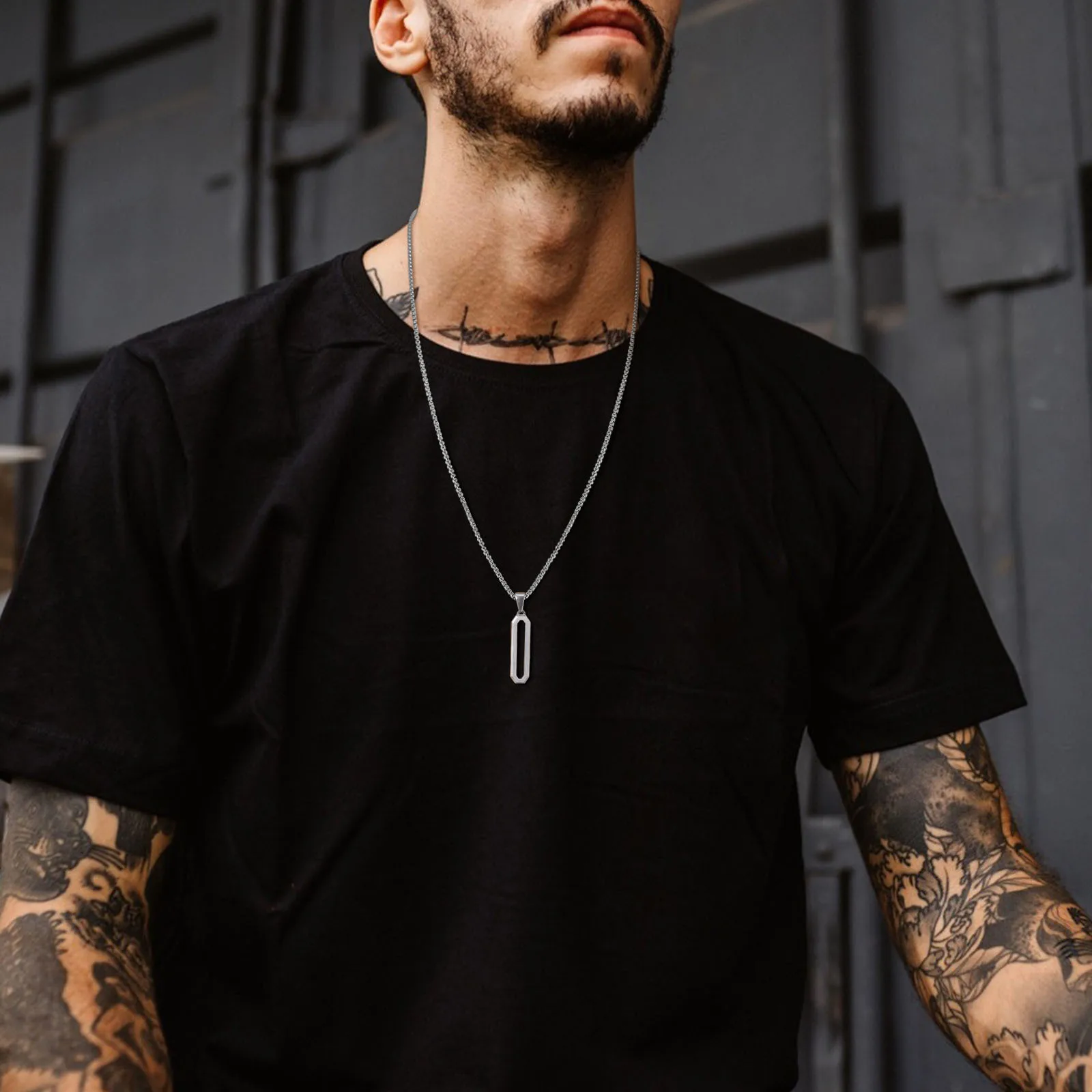 Vnox Men Geometric Necklaces, Black Stainless Steel 3D Pendant with Box Chain, Casual Simple Gents Neck Collar Jewelry Gift