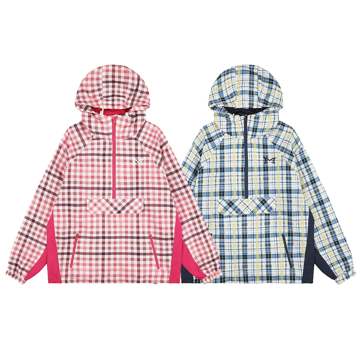 Windbreaker Front Pocket Pacthwork Half Zipper Hooded Jacket for Men and Women Pullover Embroidery Plaid Coat Oversized