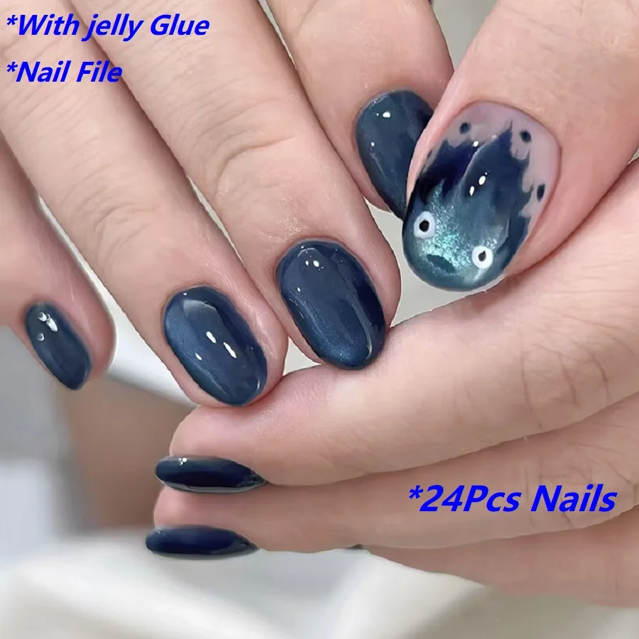 24Pcs Short Round Fake Nails Cat Eye Nail Design Glitter Detachable False Nail Solid Color Full Cover Acrylic Press on Nail Tips