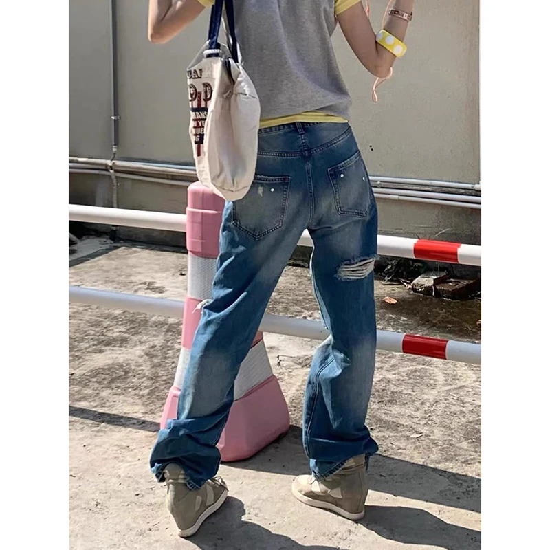 YIBASHU Women's Baggy Jeans Bleach Ripped Denim Pants Y2K Japanese Harajuku 2000s Goblin Core American Retro Blue Long Trousers