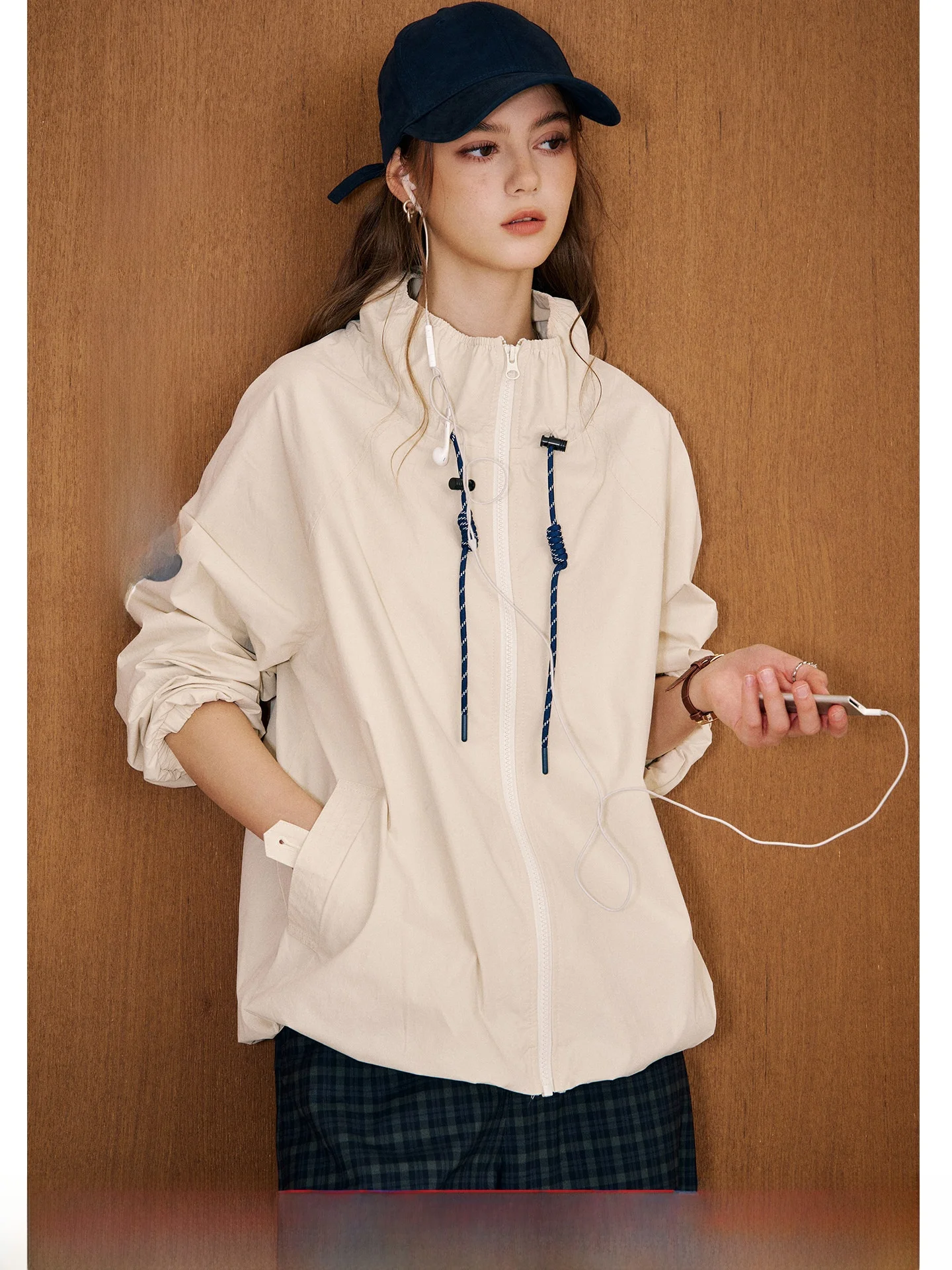 KuNMaWei UPF40 Women's Original Yarn Sunscreen Clothing Loose Fit Long Sleeve Zipper Pocket Casual Style Outdoor Fashion
