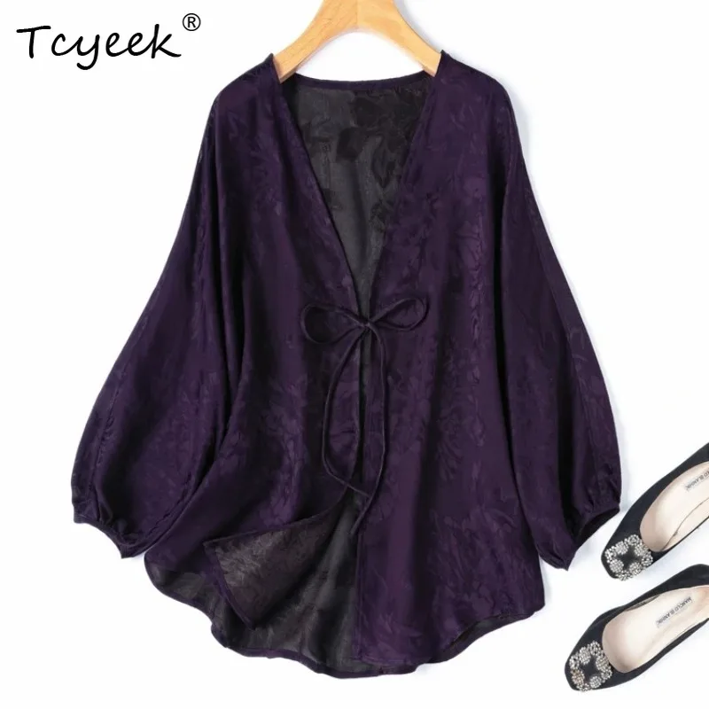 Tcyeek 100% Real Silk Women Blouses 2026 Spring Summer Breathable Loose Laced-up Lantern Sleeve Top Woman Clothing Chemise Femme