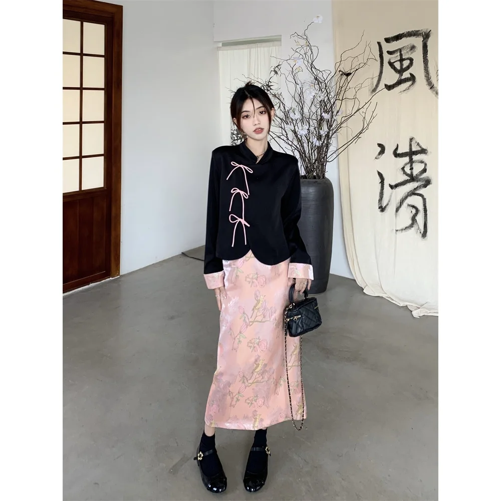 

New Chinese collar lace-up buckle long sleeve shirt + high-waist versatile jacquard skirt 2 pieces suit