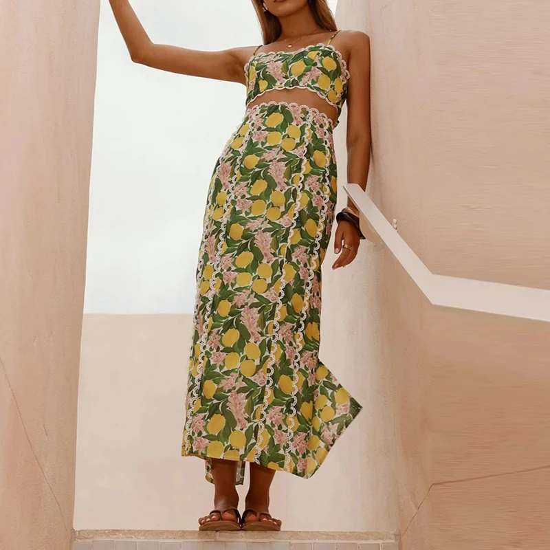 

Ladies' Sleeveless Hollow Set Sexy Lace Lemon Printed Strap Top and Skirt Two Piece Set Beach Vacation Summer New Style Set