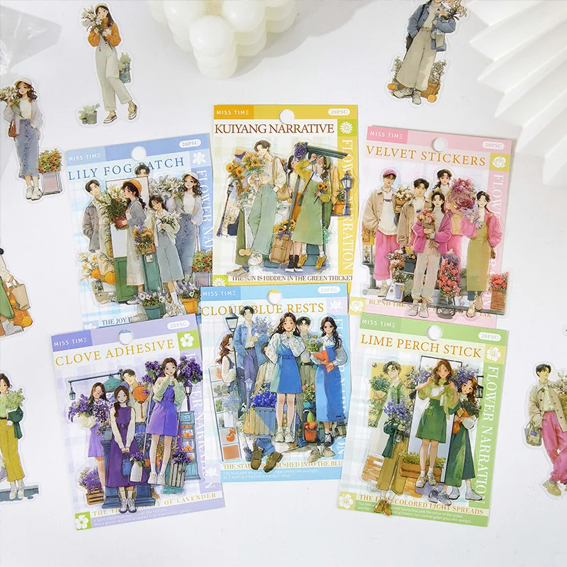 20 autocollants PET créatifs Kawaii pour décoration de bouquets, DIY, pour carnet, scrapbook, esthétique, papeterie mignonne