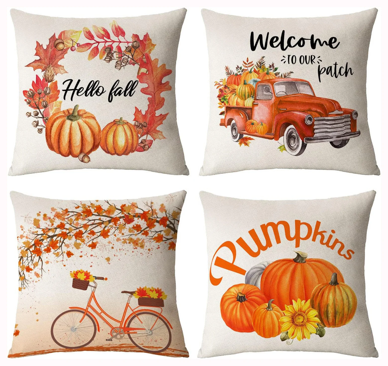 

Thanksgiving Fall Pillow Covers, Autumn Pumpkin, Maple Leaf, Rain Boots, Decor Case, 18x18 Inch Set of 4