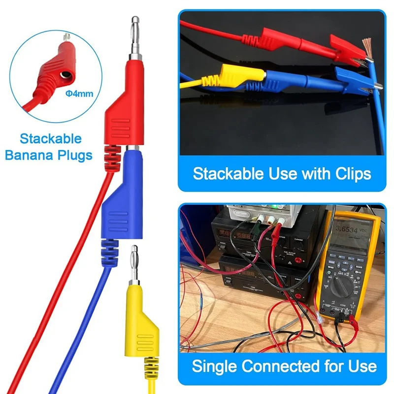 4Mm Stackable Banana To Banana Plug Flexible Cable, Electrical Test Leads With 10PCS Protective Copper Alligator Clips-AT36