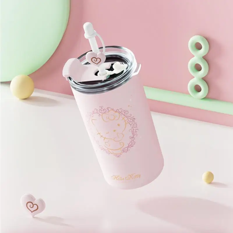 Tasse à vide Sanrios Hello Kittys, jolie tasse d'eau d'isolation froide de grande capacité avec paille, cadeau de Festival