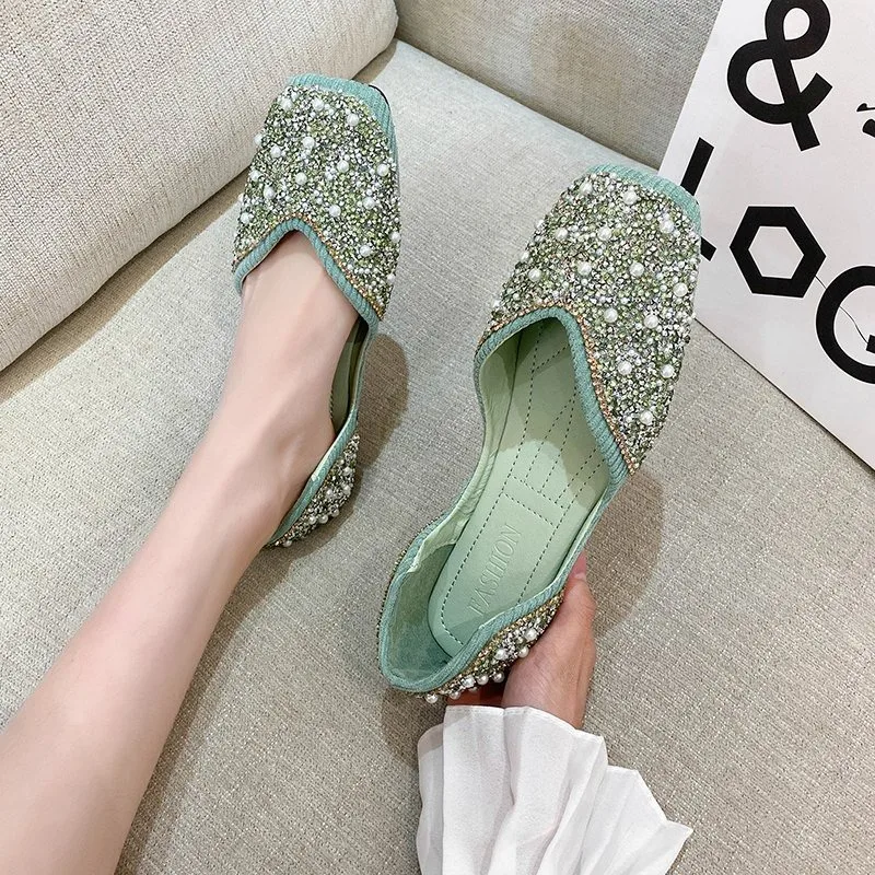Flat Bottom Women's Shoes Spring Summer New Style Super Popular Versatile Low Cut Square Head Fairy Wind Diamond Bean Shoes