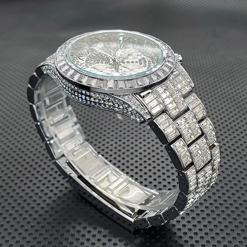 High End Luxury Men Watch Iced Out Spare CZ Diamond Quartz Wristwatch Fashion Silver Stainless Steel Chronograph Clock Hot Sale