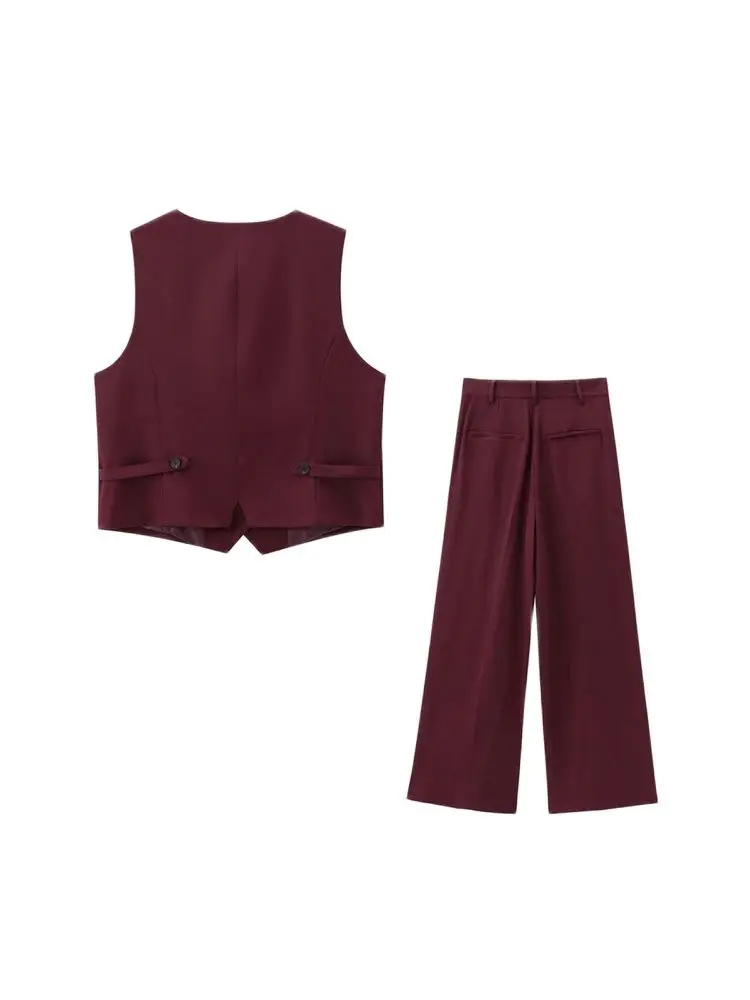TRZA-Women's Front Button Fitted Waistcoat and High Waist Pleated Wide Leg Pants, Female Two Piece Sets, Fashion image 2