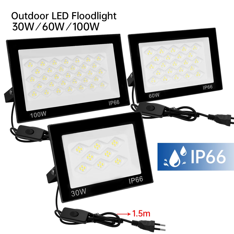 

Уличный светодиодный прожектор 30W 60W 100W AC 220V, водонепроницаемый, с отражателем, для ЕС, Австралии, Великобритании, с вилкой-переключателем, уличный фонарь