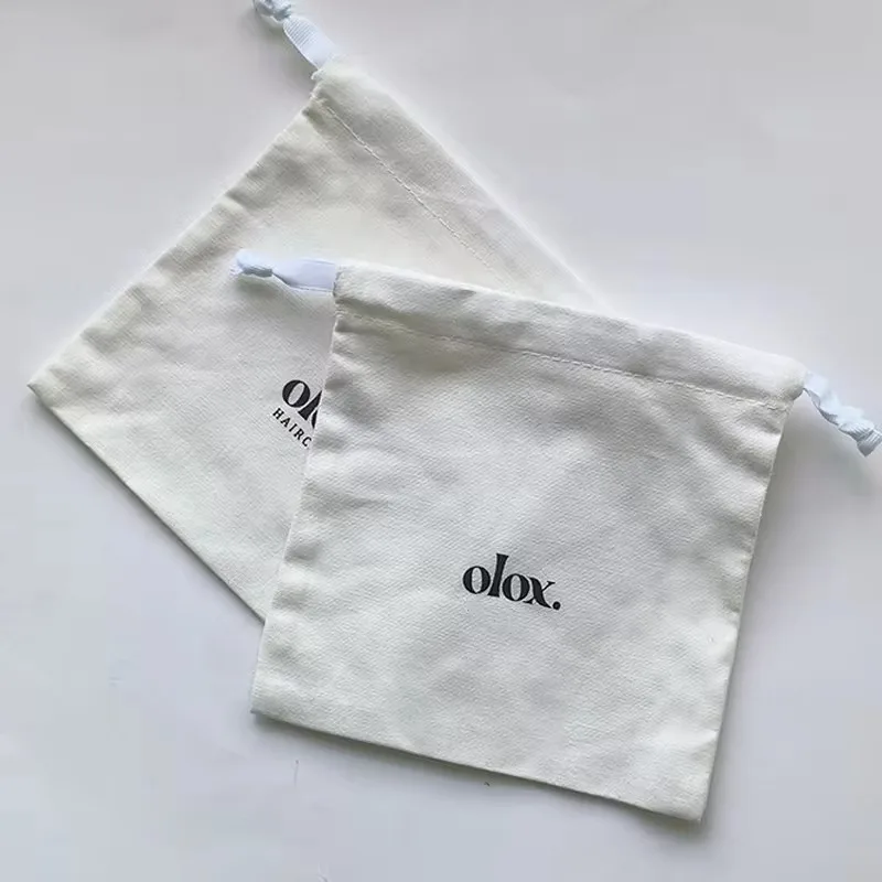 Custom Logo Printed Cotton Eco Friendly Gift  Jewelry Pouch  with Grosgrain Gift Dust Cotton Drawstring Pouch For jewelry