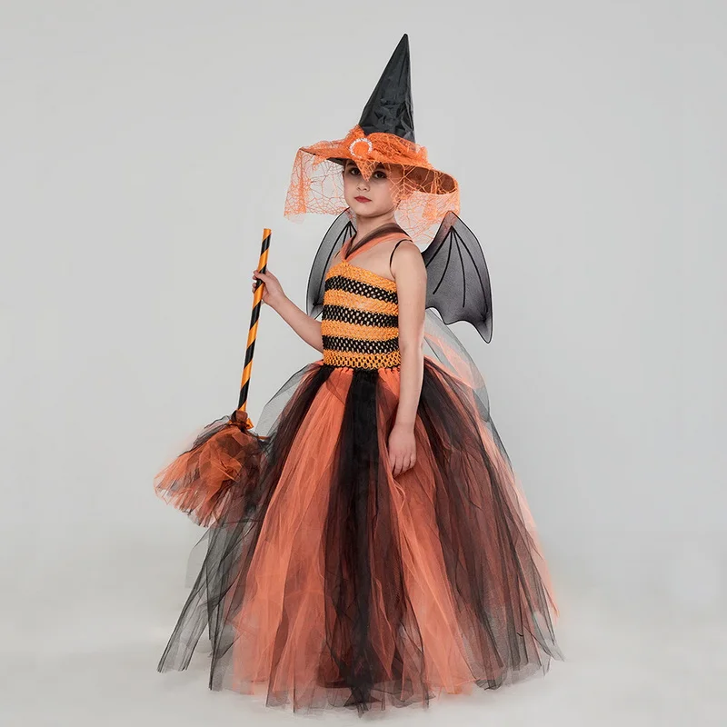 Costume da strega per feste di carnevale di Halloween per ragazze vestito da Tutu da favola per bambini con cappello da scopa Set Deluxe