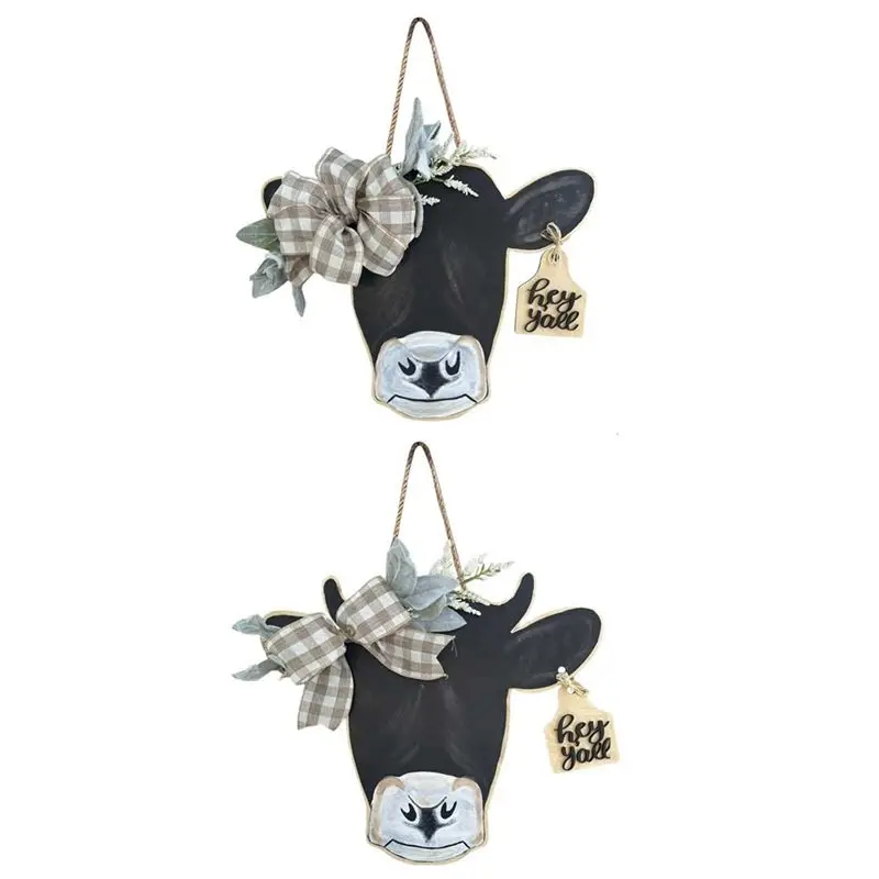 Y42A-Cow Head Door Wreath Sign Welcome Front Door Hanger Handicraft Farmhouse Spring Porch Decor Ornaments Gifts