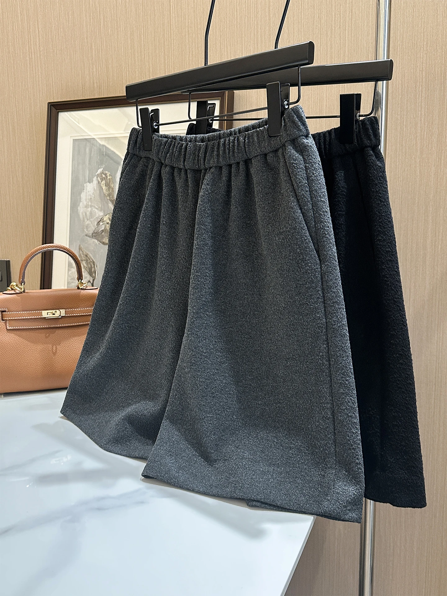 

Модные широкие брюки из шерстяной смеси для женщин, стильные для повседневной носки, осенне-зимние, с высокой талией, эластичным поясом, прямого кроя